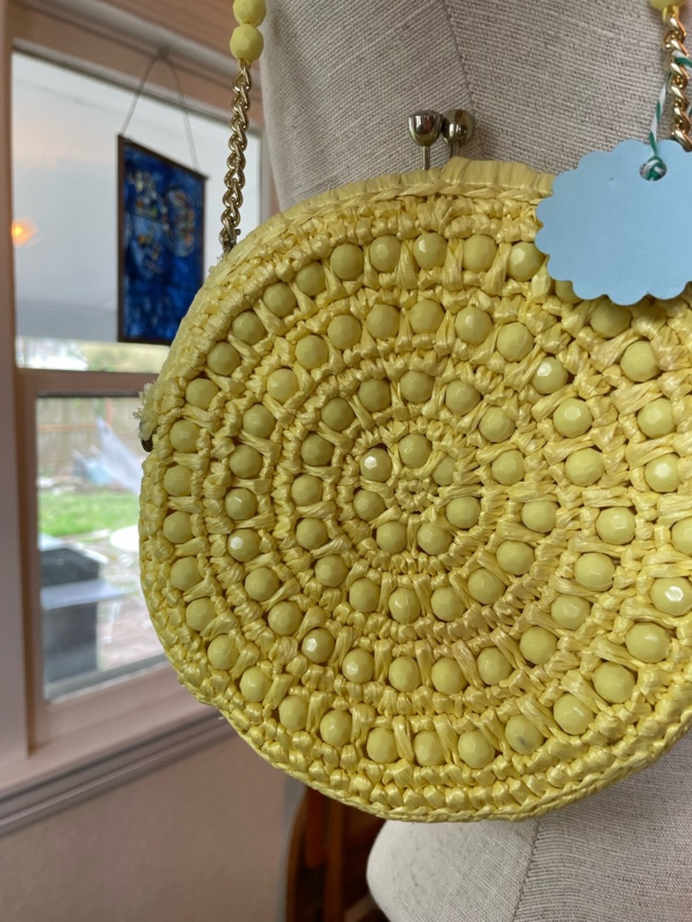Yellow Round Beaded Woven Too Handle Bag by Marcus Brothers - Picture 2 of 6